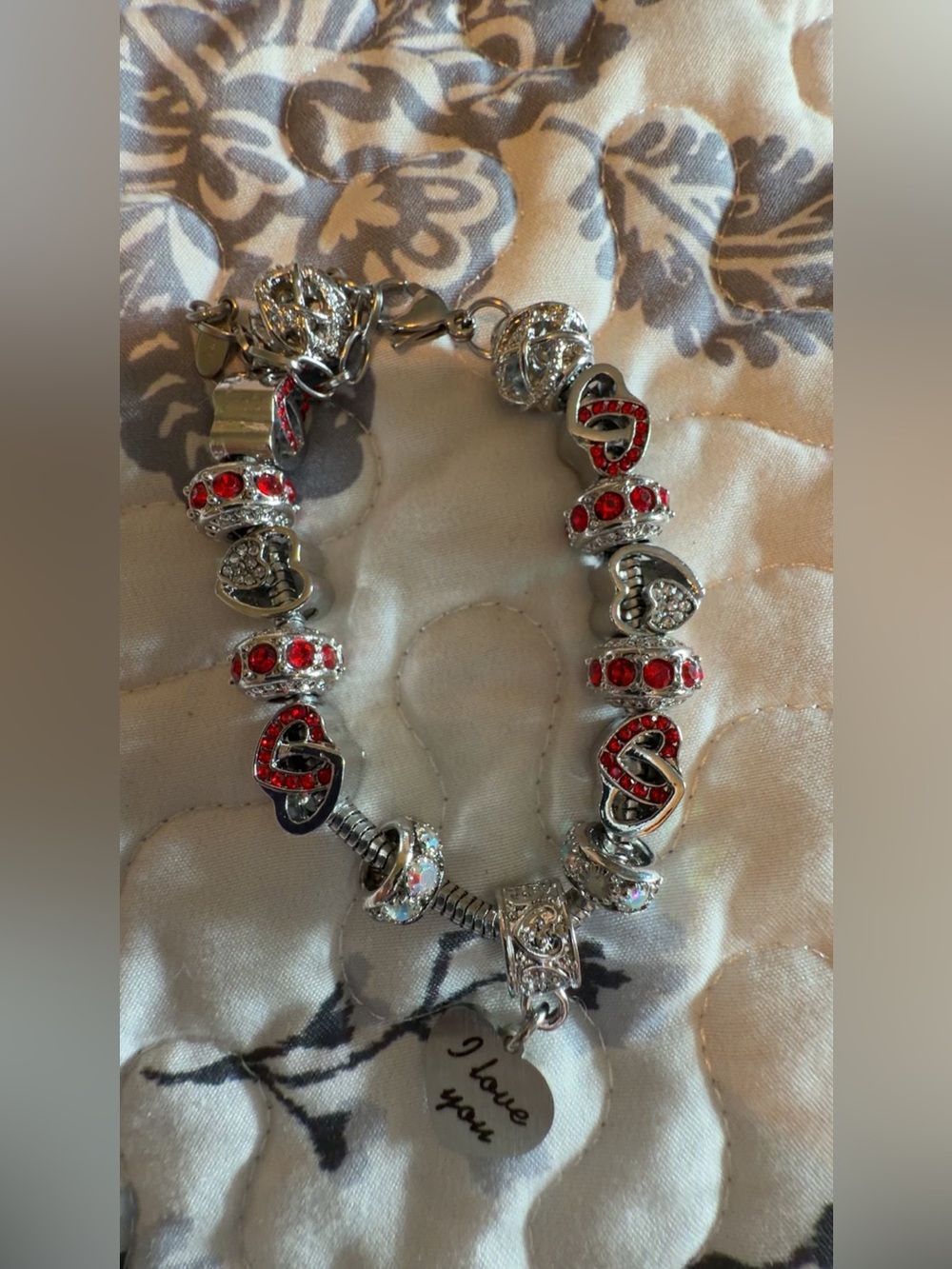 Bella Yard “I Love You” Silver Charm Bracelet with Red Crystal Accents